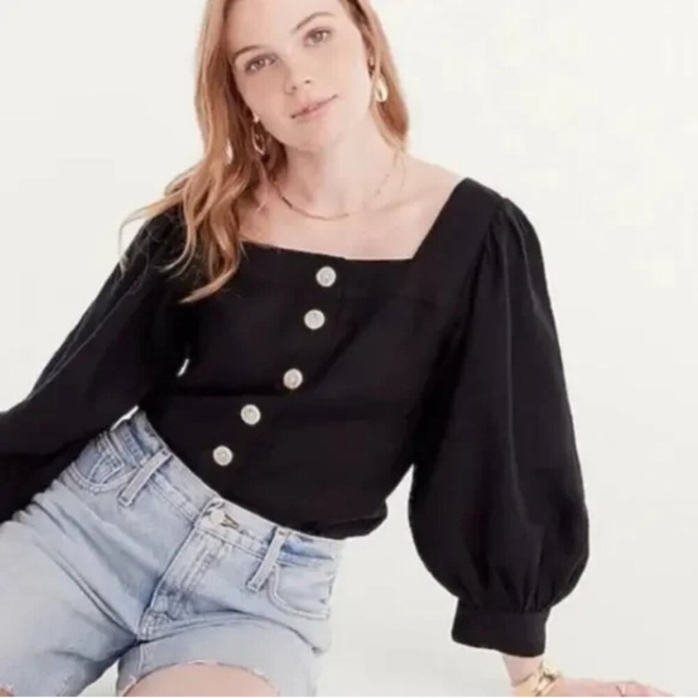 NWT J.Crew Black Squareneck button-front linen top